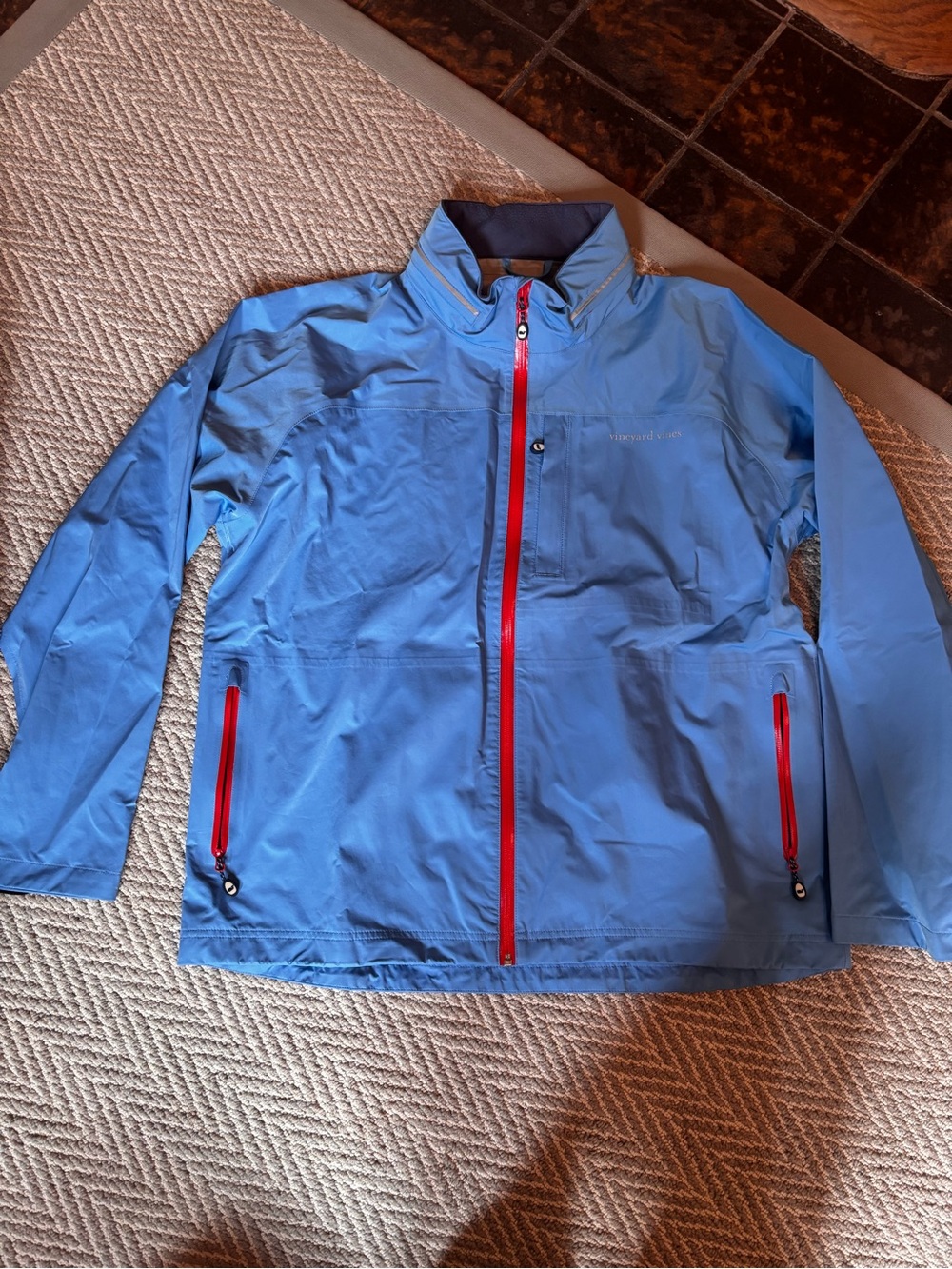 Vineyard Vines Light Blue Raincoat with Red Zippers